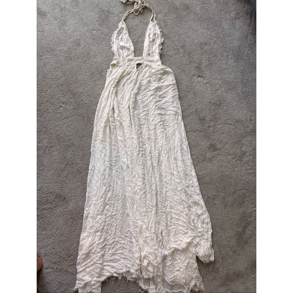 NWOT Free People Ivory Raw Hem Plunge Halter Maxi Dress | Boho Beach Goddess, Sm - Picture 5 of 10